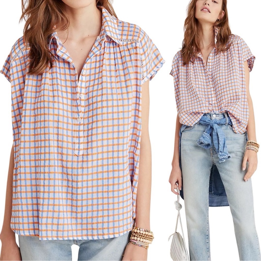 Anthropologie Serena Surf Orange & Blue Plaid Boxy Henley linen Blend Blouse XS